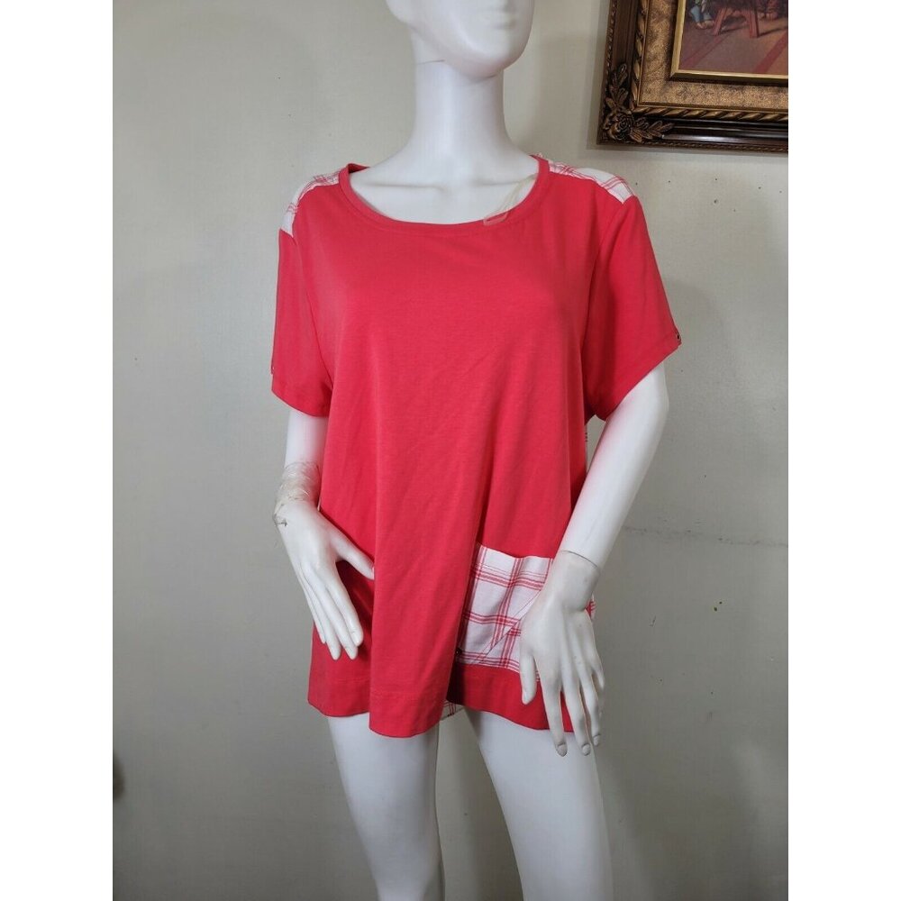 Westbound Top Women's Size 1X Plus Pink White Plaid Crewneck Short Sleeve (37) - Picture 5 of 9